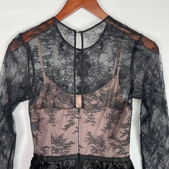 nha khanh Angelica Lace Swan Long Sleeve Crewneck Mini Dress Black 0 - Picture 6 of 10